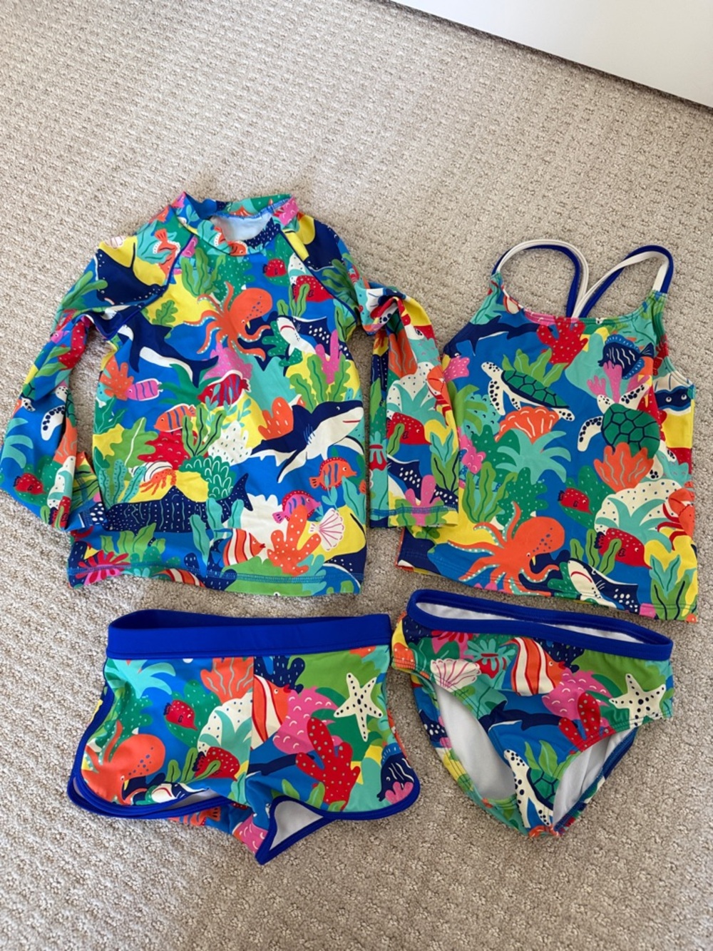 Mini Boden Kids' Ocean Print 4 piece Swim Set - Bright Multicolor 6/7